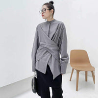 MARIGOLDSHADOWS - Original Kume Loose Stand Collar Long Sleeve Shirt - Gray