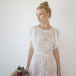 BLUSHFASHION - Original Lace Ivory Flutter Sleeve Dress , With a Separate Blush Underlining Dress  #1368