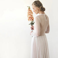 BLUSHFASHION - Original Modest Lace Wedding Dress, Gentle Stripes Pattern Maxi Dress 1209