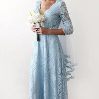 BLUSHFASHION - Original Light Blue Lace Three Quarters Sleeve  Dress #1124