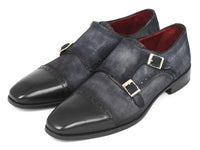 Paul Parkman Men's Captoe Double Monkstraps Navy Suede (ID#FK77W)