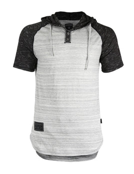 Zimego Short Sleeve Raglan Henley Hoodie Round Bottom Semi Longline T-Shirt