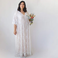 BLUSHFASHION - Original Curvy  Lace Blushed Ivory Bridal Kaftan ,Bat Sleeves Lace Wedding Dress #1312