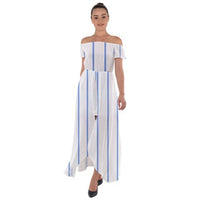 SHARON TATEM LLC - Original Blue Stripes Off Shoulder Open Front Chiffon Dress