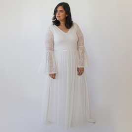 BLUSHFASHION - Original Curvy  Bohemian Ivory Vintage Style Wedding Dress  With Bell Sleeves  1326