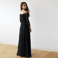 Original Off-The-Shoulder Black Floral Lace Long Sleeve Maxi Dress 1119