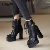 Original Gdgydh 2022 Russian Hot Sales Women Shoes Thick Platform High Heel Female Ankle Boots Round Toe Lace up Zipper Motorcycle Boots