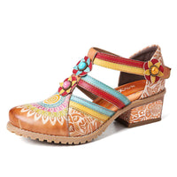 Original SOCOFY Retro Bohemia Ethnic Style Stitching Embossed Beading Floral Chunky Heel Sandals Pumps Women Shoes Botas Mujer 2020