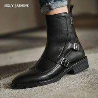 HOLY JASMINE - Original 2020 Autumn New Woman Buckle Chelsea Boots Handmade Genuine Leather Round Toe Shoes Quality Buckle Square Low Heel Lady Boots