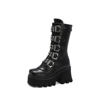 Original Winter Gothic Punk Womens Platform Boots Black Buckle Strap Zipper Creeper Wedges Shoes Mid Calf Military Combat Boots U542