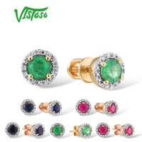 Original VISTOSO Gold Earrings For Women Genuine 14K 585 Yellow Rose Gold Round 4mm Emerald Blue Sapphire Ruby Stud Earrings Fine Jewelry