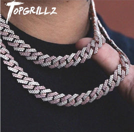 Original TOPGRILLZ 14mm Miami Prong Set Cuban Chains Necklace For Men Gold Color Hip Hop Jewelry Pink CZ Rapper Necklace