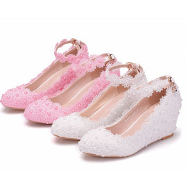 Original Crystal Queen White Flower Wedding Shoes Lace Pearl High Heels Sweet Bride Dress Beading Wedges 5CM Women Pumps