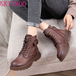 Original Women & Genuine Leather Ankle Boots Women Autumn Winter Lace Up Vintage Women Punk Boots Flat Ladies Shoes Woman Botas Mujer