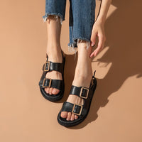 BEAU TODAY - Original Sandals Women Genuine Cow Leather Metal Detailed Ankle Buckle Strap Summer Beach Ladies Low Heel Shoes Handmade 38128