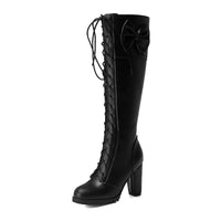 Original Gdgydh 2022 Autumn Winter Women Knee-High Motorcycle Boots Thick Heel Platform Bow-knot Female Wedding Boots Plus Size 48 Gothic