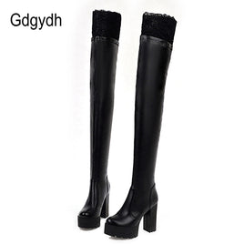 Original Gdgydh Sexy Lace Thigh High Boots For Plus Size Women Platform Shoes Over The Knee Boots Stretch Fabric Black Leather Winter New