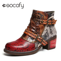Original SOCOFY Embossed Boots Rose Genuine Leather Splicing Low Heel Ankle Boots Elegant Ladies Shoes Women Shoes Botas Mujer 2021