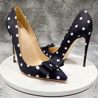 Original Bowknot design black pumps white dot 12cm thin high heels spring summer pointed toe slip on plus 45 lady 10cm 8cm BM024 ROVICIYA