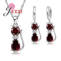 Original Jewellery Sets Accessories Genuine 925 Sterling Silver  Cubic Zirconia Cat Kitty Necklace Pendant+Leverback Earrings Hot