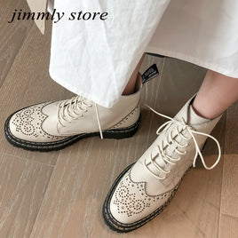 Original Genuine Leather Boots Women Hollow Out Flowers Brogues Platform Street Motorcycle Boots Women Riding Botas Mujer