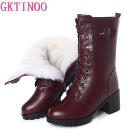 Original GKTINOO Boots Women Genuine Leather High-heeled Large Size Motorcycle Boots Women New Wool Warm Winter Boots for Women