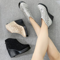 Original GKTINOO Fashion Rhinestones Gauze Sandals Summer New Mesh Boots Genuine Leather Women&#39;s Shoes Hollow Boots High Heels Wedges