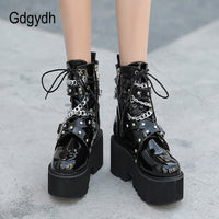 Original Gdgydh Autumn Winter Boots Women Sexy Chain Boots Ankle Buckle Strap Ankle Boots Square Heel Thick Sole Platform Rock Punk Style