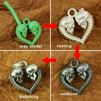 Original LINSION 925 Sterling Silver Double Skulls Heart Pendant Mens Biker Pendant TA168 JP