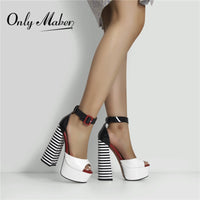 Original Only maker Women & Sandals Platform Peep Toe Chunky Square Heels Ankle Strap Sandals Black And White Stripes Party Fashion Shoes