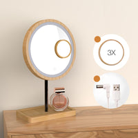 Wooden Desktop LED Makeup Mirror 3X Magnifying USB Charging Adjustable Bright Diffused Light Touch Screen Beauty Mirrors