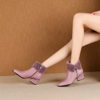 Original ZVQ Cute Sweet Leather Ankle Boots Winter Warm Chelsea Boots Pink Black Leather Party 5cm High Heels women&#39;s Shoes