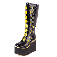 Original Gdgydh Womens Yellow Smiley Face Gothic Boots Buckle Strap Platform Wedges Heel Winter Punk Shoes Increasing Cosplay Party New