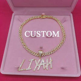 Original Custom Name Necklace  with 9MM Zircon Cuban Chain for Women Men Sharp Bubble Letter Pendant Hip Hop Jewelry