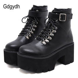 Original Gdgydh New Arrival Womens Autumn Shoes Chunky Block High Heel Platform Lace up Ankle Boots For Women Comfortable Promotion Sale