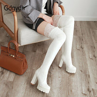 Original Gdgydh Sexy Lace Thigh High Boots For Plus Size Women Platform Shoes Over The Knee Boots Stretch Fabric Black Leather Winter New