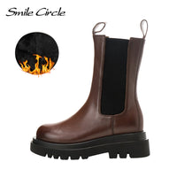 Original Smile Circle Autumn Slip-on Chelsea Boots Women Genuine Cow Leather fashion Round-toe Flat Platform Boots Lady shoes