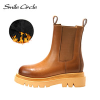 Original Smile Circle Autumn Slip-on Chelsea Boots Women Genuine Cow Leather fashion Round-toe Flat Platform Boots Lady shoes