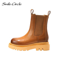 Original Smile Circle Autumn Slip-on Chelsea Boots Women Genuine Cow Leather fashion Round-toe Flat Platform Boots Lady shoes