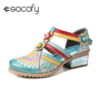 Original SOCOFY Retro Bohemia Ethnic Style Stitching Embossed Beading Floral Chunky Heel Sandals Pumps Women Shoes Botas Mujer 2020