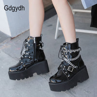 Original Gdgydh Autumn Winter Boots Women Sexy Chain Boots Ankle Buckle Strap Ankle Boots Square Heel Thick Sole Platform Rock Punk Style