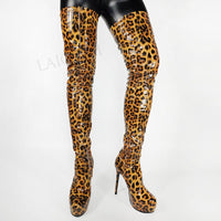 Original LAIGZEM Women Crotch High Platform Boots Shiny Patent Side Zip Stiletto Heels Thigh High Boots Cosplay Plus Size 44 46 50 52