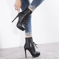 Original Women & Autumn Winter Shoes Fashion Cross Tied Platform Ankle Boots 13cm Ultra High Heels Round Toe Botas