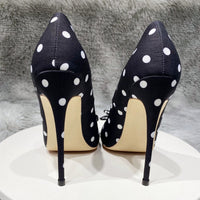 Original Bowknot design black pumps white dot 12cm thin high heels spring summer pointed toe slip on plus 45 lady 10cm 8cm BM024 ROVICIYA