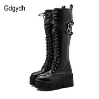 Original Gdgydh Fashion Women Boots Cross Strap PU Leather Autumn Winter Knee High Boots Ladies Thick Sole Platform Shoes Punk Gothic