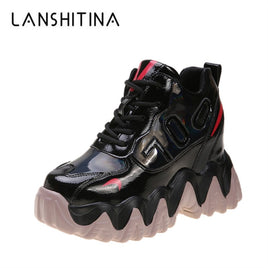 Original Chunky Sneakers Women 2020 Spring Thick Sole Platform Vulcanize Shoes Woman Lace Up Casual Footwear 10CM Leather Shoe High Heels