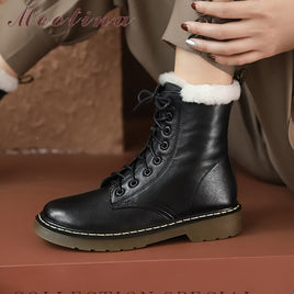 Original Meotina Natural Wool Fur Platform Mid Heel Motorcycle Boots Women Shoes Real Leather Short Boots Lace Up Block Heels Ankle Boot