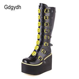 Original Gdgydh Womens Yellow Smiley Face Gothic Boots Buckle Strap Platform Wedges Heel Winter Punk Shoes Increasing Cosplay Party New