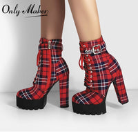 Original Only Maker Women & Platform Ankle Boots Buckle Strap Chunky Heel Red Plaid Lace Up Side  Zipper Round Toe Booties For Winter