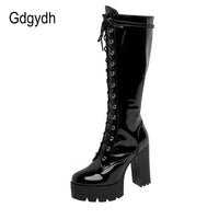 Original Gdgydh Patent Leather White Knee High Boots Lace Up Ladies Platform Boots High Heels Fashion Nightclub Patry Shoes Wholesale